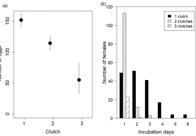 Figure 2.1: Mean predicted number of eggs laid for each successive clutch in a reproductive cycle  (a)