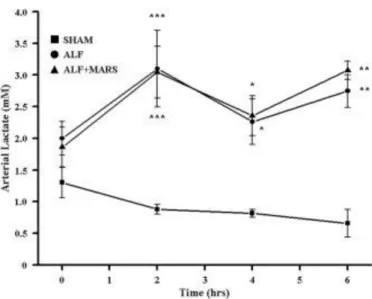 Figure 3. Arterial concentrations of lactate following induction of ALF at T = 0 (***P &lt; 0.001, **P &lt; 0.01, 