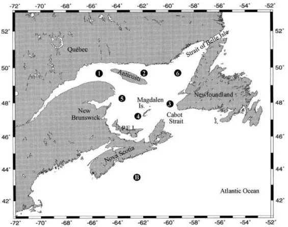 Figure a. Localisation des pièges à particules dérivants (stations 1 à 6) et fixes  (stations 1 et B) déployés de 1992 à 1995 durant le programme Canadien du  JGOFS dans le golfe du Saint Laurent et l’océan Atlantique