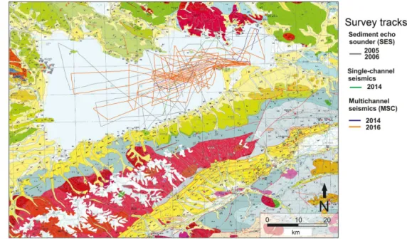 Figure 3. Geological map of the Nam Co area (green: Cretaceous; blue: Jurassic; gray: Permian and Carboniferous; red: magmatic and metamorphic; yellow: Quaternary; white: modern glaciers of the Nyainqêntanglha mountain range) (Wu et al., 2011, modified) an