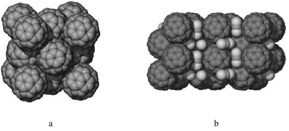 Figure  1.17 :  Types  d’organisations  en  3D  à  l’état  solide  pour  le  C 60 . a)  C 60   à  l’état  pur  (structure fcc)