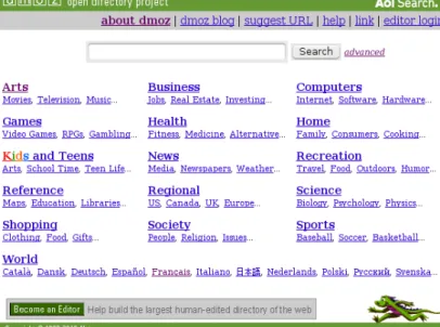 Figure 1.1 : Le répertoire de liens Open Directory Project (dmoz), construit manuellement par des éditeurs bénévoles.