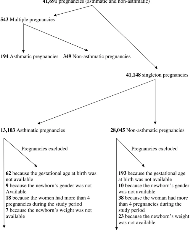 Figure 2. Summary of final cohorts of asthmatic and non-asthmatic pregnancies  41,691 pregnancies (asthmatic and non-asthmatic) 
