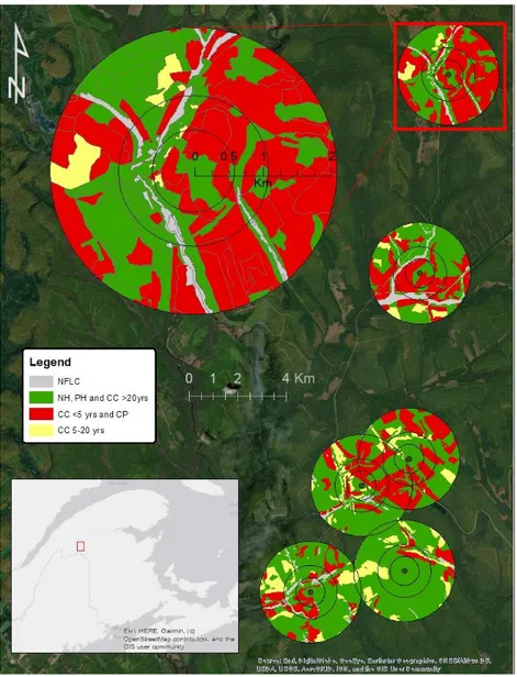 Figure 1. Map of the study area, showing landscape structure around the six study plots