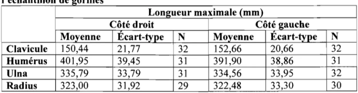 Tableau  VI.  Statistiques  descriptives  des  os  longs  du  membre  supérieur  de  l&#34;  ec  an h  fil 1  on  e gOrI  es d '11 