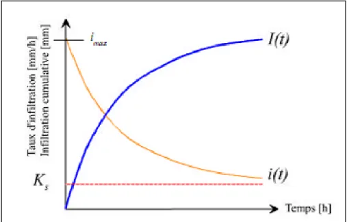 Figure 1.5 Évolution du régime d’infiltration et de l’infiltration   cumulative au cours du temps 