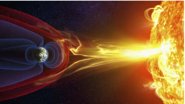 Figure 1: Vue d’artiste du vent solaire et de la magnétosphère terrestre (source: NASA)