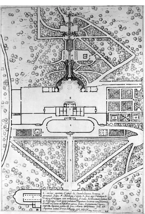 figure 3a Dominique Barrière, Plan of the Villa Belvedere and its gardens, from Villa Aldobrandina Tusculana sive varii illius hortorum et frontium prospectus (Roma, 1647), p