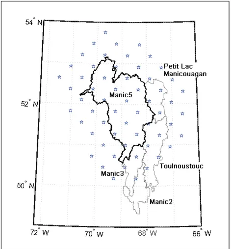 Figure 5.3 Points de grille du bassin versant de la rivière Manicouagan. 