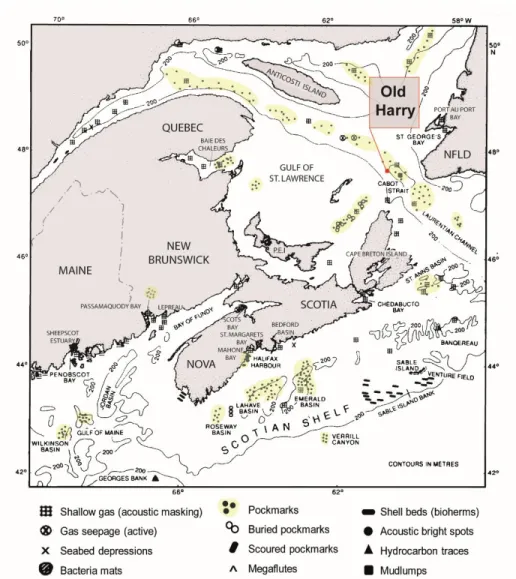 Figure 1.  Carte régionale des  aires  de distribution des  caractéristiques  sédimentaires liées  au gaz dans le golfe du Maine, le plateau Écossais et le golfe du Saint-Laurent