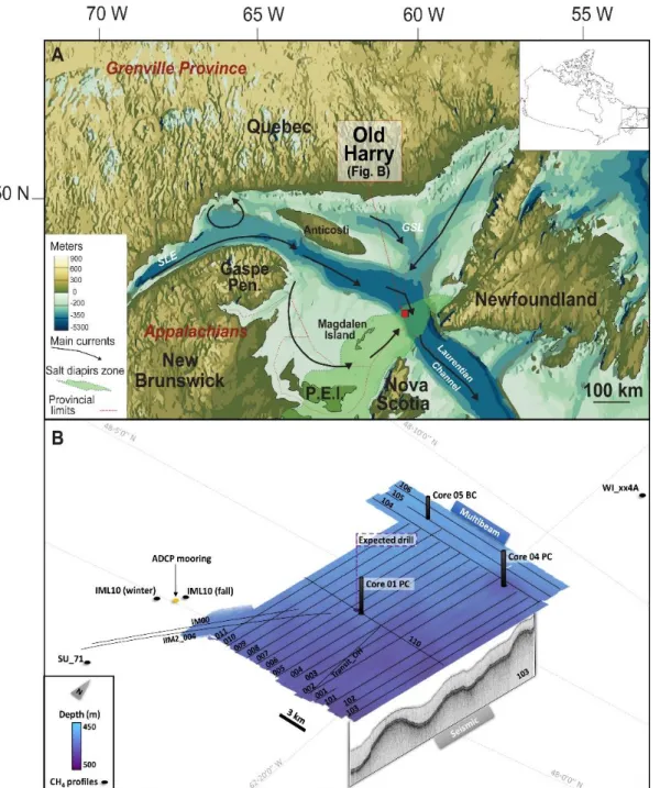 Figure  5.  A.  Bathymetric  map  of  the  Gulf  of  St.  Lawrence  with  the  Laurentian  Channel  and  the  position  of  the  Old  Harry  prospect  site  (red  rectangle),  the  main  currents  and  the  provinces  borders  (Modified  from  Shaw  et  al