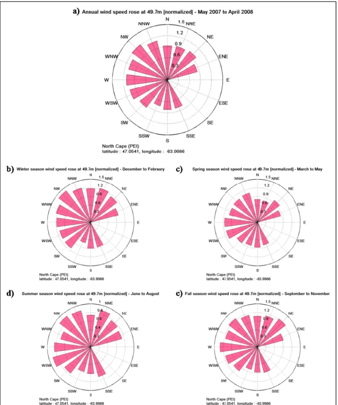 Figure 2.12 Annual and seasonal average wind speed roses at the North Cape site: 