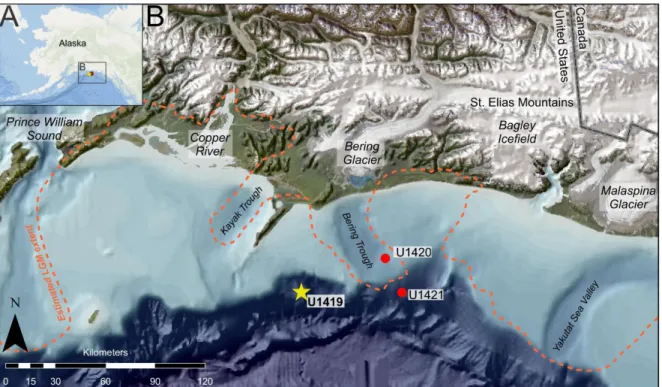 Figure 6: Map of the Gulf of Alaska with Site U1419 (yellow star) and other Expedition 341  drill  Sites  (red  circles)