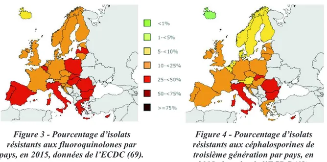 Figure 3 - Pourcentage d’isolats  résistants aux fluoroquinolones par  pays, en 2015, données de l’ECDC (69)