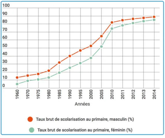 Figure 3 : Évolution des taux bruts de scolarisation primaire au Burkina Faso, 1960-2010  