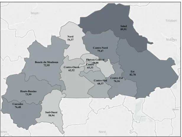 Figure 5 : Indice de pénurie d’enseignants par régions, Burkina Faso, 2010-2011 