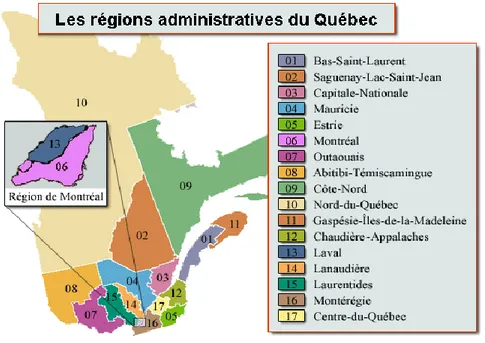 Figure n° 1 – Les 17 régions administratives du Québec  (Source : axl.cefan.ulaval.ca) 