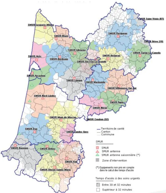 Figure 6 : Distance aux services d’urgences, zones d’intervention des SMUR en  Aquitaine – ARS 2014 [22] 