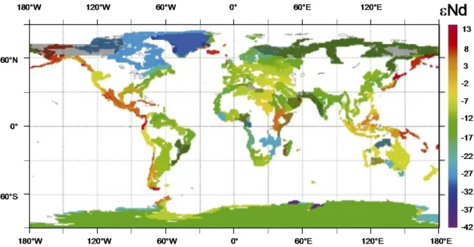 Figure 9.  Carte mondiale représentant l’hétérogénéité de la composition isotopique en Nd sur les  différents continents (Jeandel et al