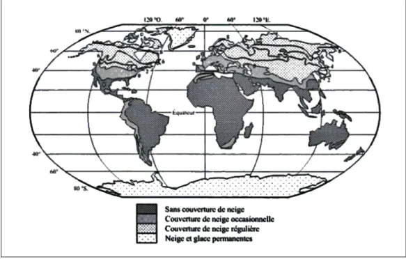 Figure 1.2  Répartition géographique des couverts neigeux et durée de vie. 