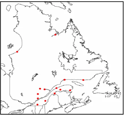 Figure 1.7  Localisation des stations climatologiques au  Québec avec au moins 41 ans de données observées