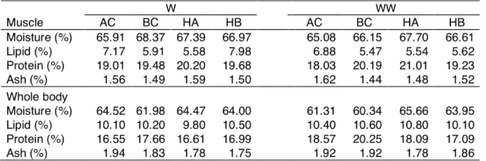 Table 1.3 : Proximate composition (% on wet weight basis) of muscle and whole bodies of  experimental fish