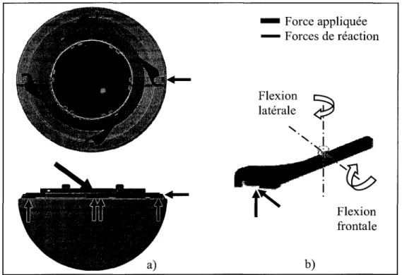Figure 2.10 a) Forces appliquée et de réaction b)  flexion double de la lamelle. 