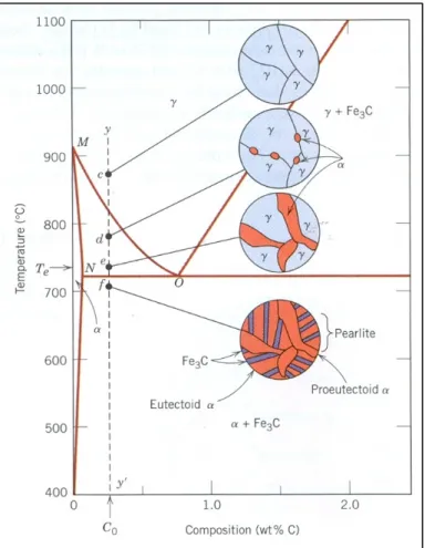 Figure 1.7 Diagramme des phases Fer-Carbone   avec les microstructures stables associées  