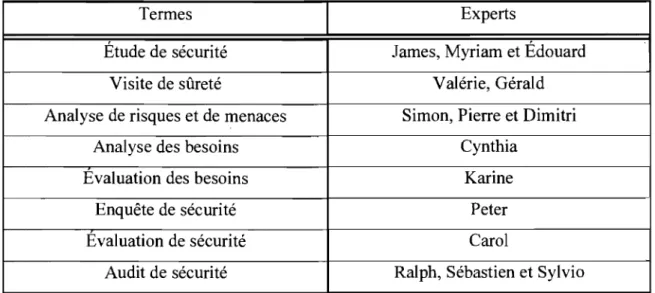 Tableau 1 : Terminologie utilisée par les experts 