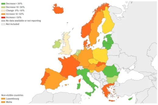 Figure  9 :  Evolution  du  nombre  de  cas  de  syphilis  dans  les  différents  pays  européens  entre  2008 et 2012 (17) 