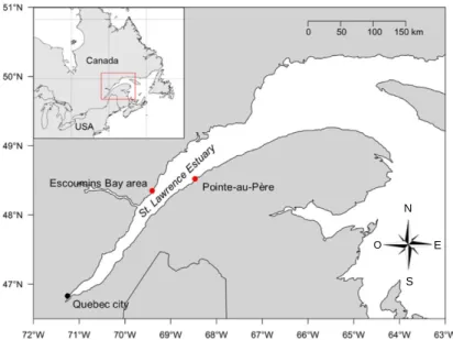 Figure 4: Map of the St.  Lawrence Estuary. Red points represent the Escoumins Bay area  where water was collected, and the ISMER marine research station in Pointe-au-Père, where  experiments were conducted