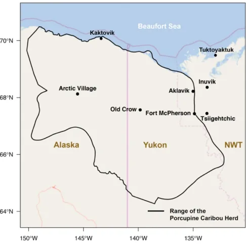 Figure  2.  Aire  annuelle  de  répartition  du  troupeau  de  caribous  migrateurs  de  la  rivière  Porcupine, et localisation des villages Gwich’in et Inuvialuit qui y sont associés, au Yukon  et dans les Territoires du Nord-Ouest (Canada) ainsi qu’en A