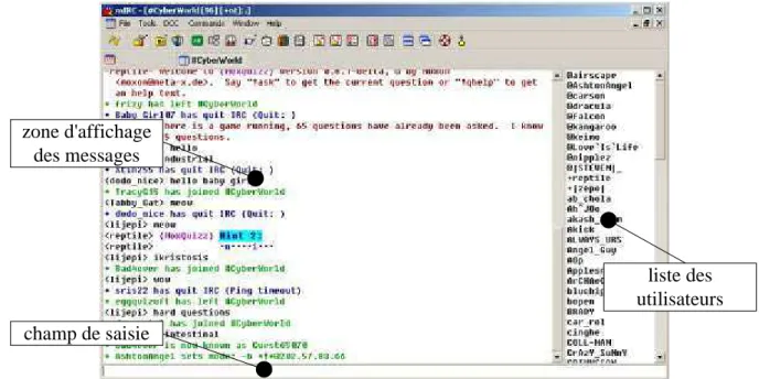 Figure 1 : Une session de tchat dans mIRC, le plus connu des clients de tchat pour le réseau IRC.