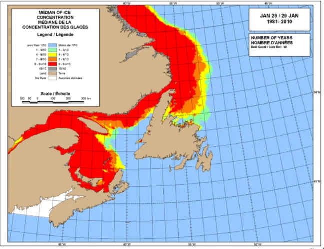 Figure 9: Map of the ice concentration over a 30-year period (1981-2010), produced by the Canadian Ice Service, showing a negative anomaly at the head of the Laurentian Channel (see Figure.8), near the mouth of the Saguenay River.