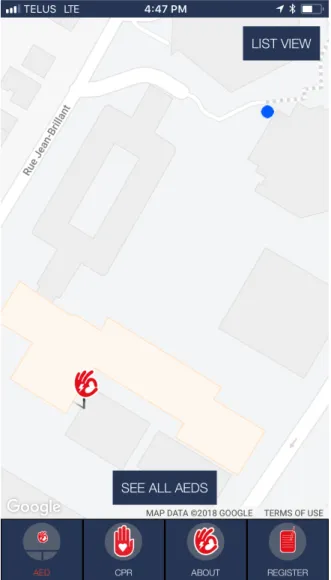 Figure 1. AED-Quebec mobile app interface  Figure 1A. Opening view 