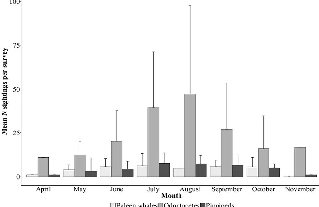 Figure 7. Seasonal change in the mean number of sightings per survey presented by species  group (± SD)