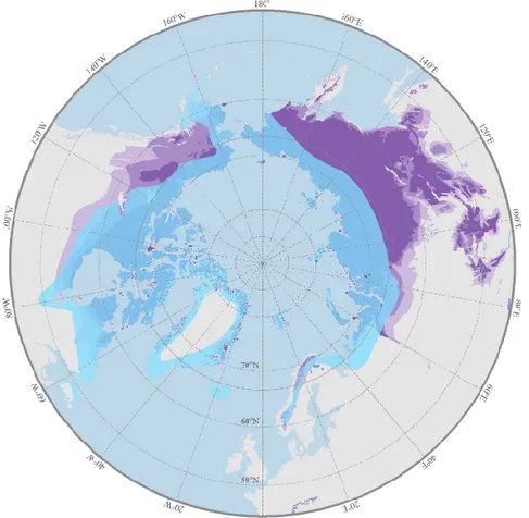 Fig.  1.  Geographical  distribution  of  continuous  permafrost  (dark  purple),  discontinuous  permafrost  (purple),  sporatic  permafrost  (light  purple),  and  Arctic  fox  (transparent  blue)