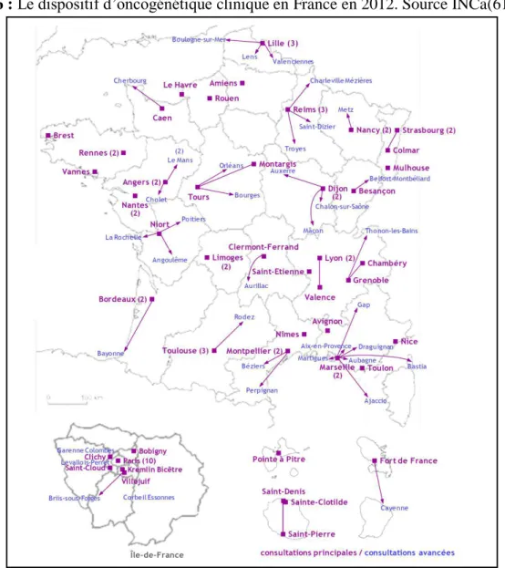 Figure 6 : Le dispositif d’oncogénétique clinique en France en 2012. Source INCa(61). 