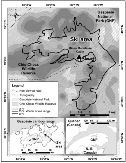 Figure 3.1. Study area and location of the ski area in the Chic-Choc Wildlife Reserve  and  the  Gaspésie  National  Park,  Québec,  Canada