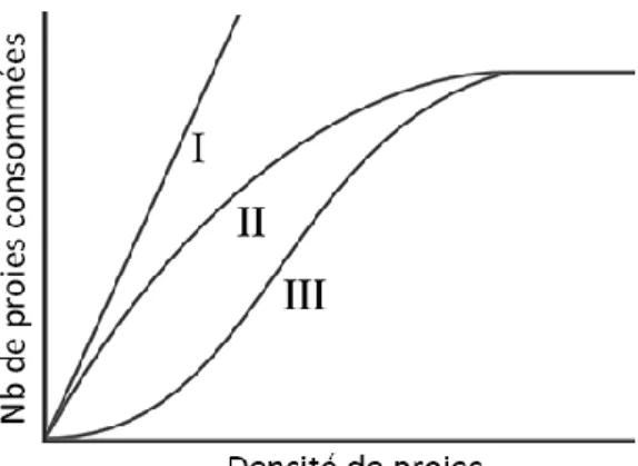 Figure 0.1  Représentation des types de réponse fonctionnelle (graphique  d‟après Holling 1959) : le nombre de proies capturées par un prédateur varie selon la  densité des proies