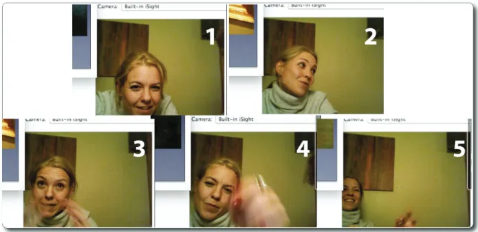 Figure 14. Examples of the coded gestures; 1: eyes fixed on screen screen, 2 looking at  the researcher, 3 looking away from the screen and talking with her hands, 4 eyes on 