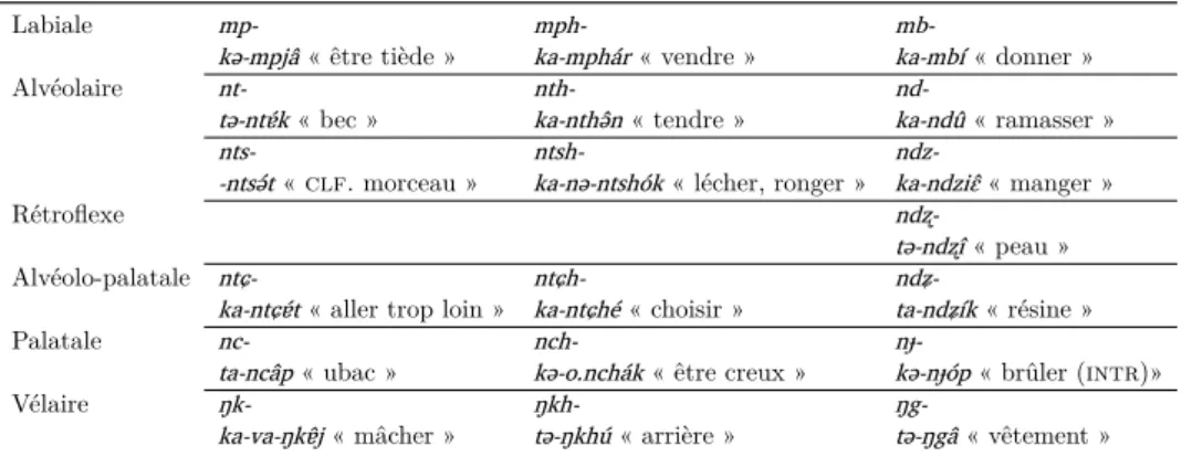 Tab. 2.22 : Séries prénasalisées en brag-bar