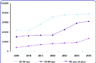 Graphique  1 :  Évolution  prévisionnelle  du  nombre  de  personnes  âgées  de  65  ans  et  plus  dans  le  département de l’Eure entre 2005 et 2035