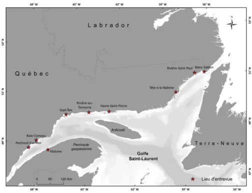 Figure  1 :  Localisation  des  lieux  d’entrevues  pour  les  prélèvements  géographiques  de  présence de S