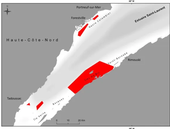 Figure 8. A : Représentation des zones d’observation de S. boreas dans la partie supérieure  de l’estuaire du Saint-Laurent (HCN)