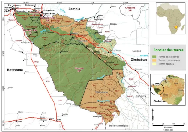 Figure 1.1: Foncier et type d’utilisation des terres dans l’écosystème de Hwange. NP : Parc  National (National  Park);  SA :  Aires  de  Safari  (Safari  Areas)  (adaptée  de  Peace  Parks  Foundation, 2009)