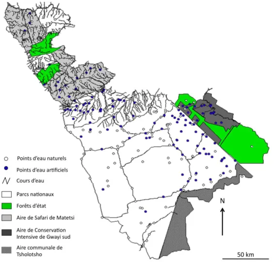 Figure 1.3: Distribution spatiale des points d’eau naturels et artificiels, ainsi que des  principaux cours d’eau dans les zones d’étude