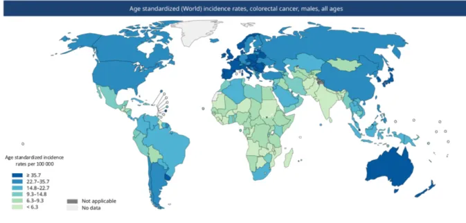 Figure  1 :  Répartition  de  l’incidence  du  CCR  chez  les  hommes  (Source  modifiée  d’après  GLOBOCAN, 2018)