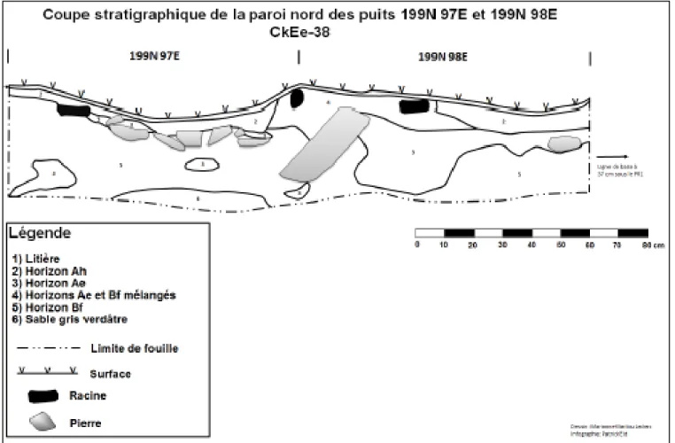 Figure 4 : Coupe stratigraphique de la paroi nord des aires de fouille 199N 97E et 199N 98E  Source : Eid 2015