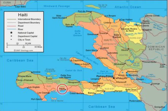 Figure 5 : positionnement d’Aquin sur la carte d’Haïti  Source : Google image, consulté le 27 juillet 2017 